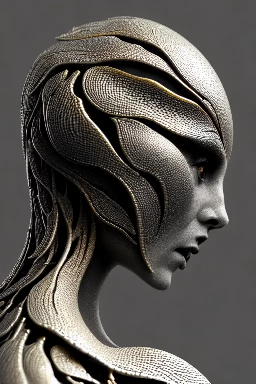 Image similar to bw contrasted close - up profile face, black background, beautiful young porcelain vegetal - dragon - cyborg - female, 1 5 0 mm, beautiful natural soft rim light, silver gold details, magnolia leaves and stems, roots, mandelbot fractal, elegant, ultra detailed, white metallic armour, octane render, h. r. giger style