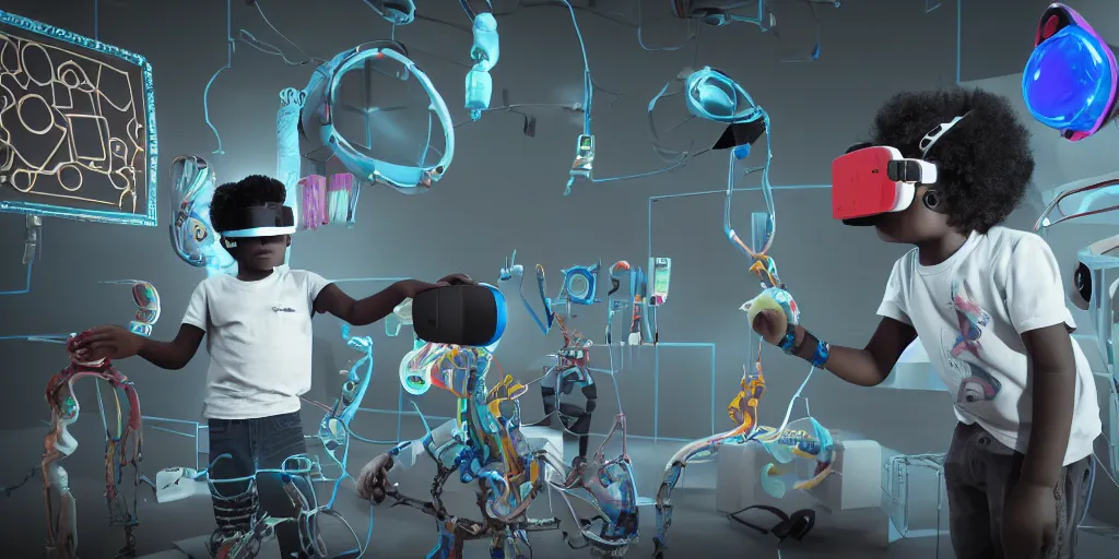 Prompt: a 3 d render of a black boy kid using a diy vr glasses arduino, a black girl kid scientist is constructing a elephant robot, futuristic, cyberpunk, xenomorphic, arduino, biomechanical, photorealistic, ultra detailed, 4 k, chromatic aberration, dof