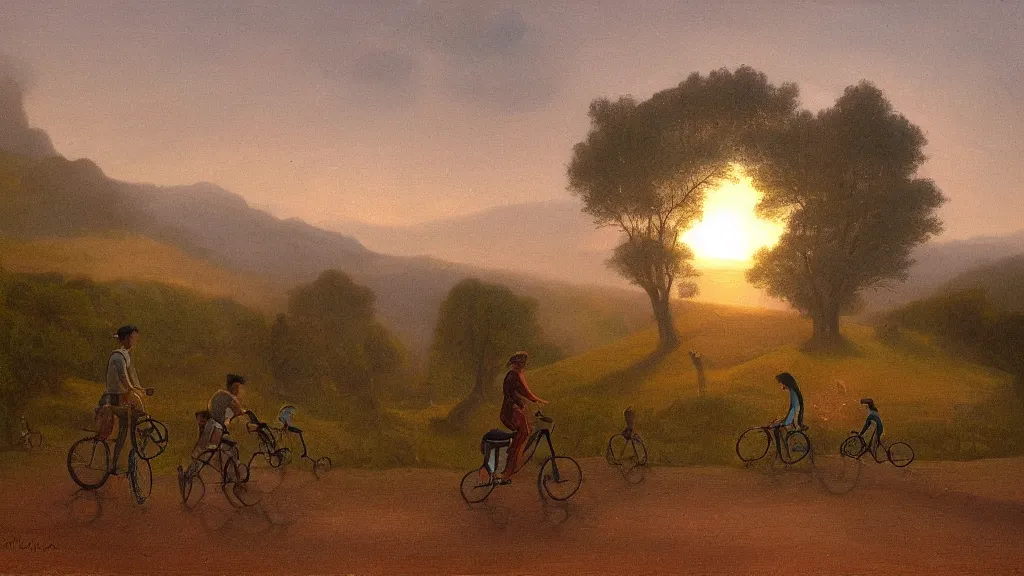 Image similar to a few sloth friends, riding their bicycles down the hill, dreamy landscape, sunset, in the style of michael sowa