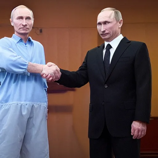 Image similar to Walter White and Vladimir Putin shaking hands, 8k, dslr, cinematic,