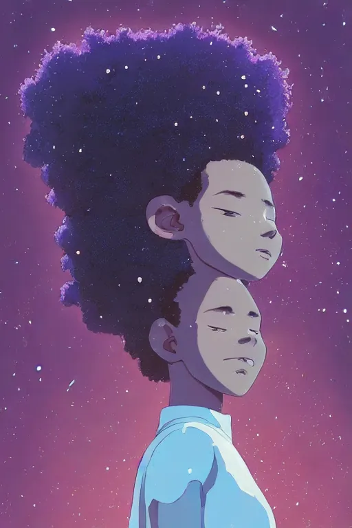 Prompt: ( a young black girl with a nebula afro and third eye ), meditating on a cloud, trending on pixiv fanbox, painted by makoto shinkai takashi takeuchi studio ghibli, akihiko yoshida, yoshitaka amano, wangechi mutu, clean cel shaded vector art, retrowave colors, illustration, hd, 8 k