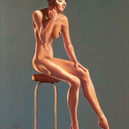 Image similar to artstation a woman posing on a stool, by Boris Vallejo, very detailed, , portrait, backlit