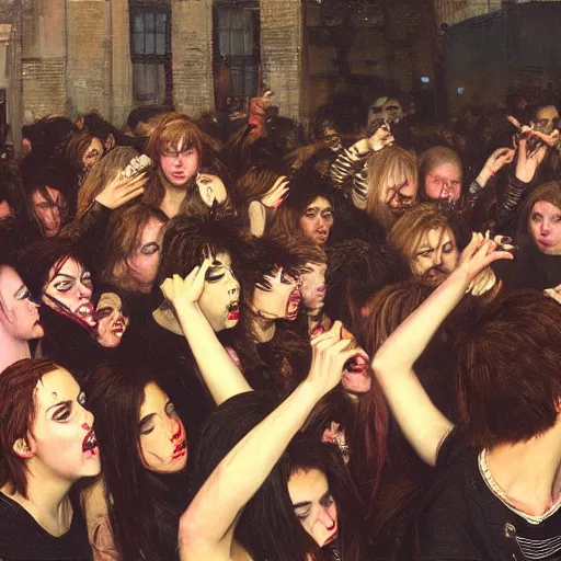 Image similar to a mosh pit full with punks girls in a thrash metal show painted in the john william waterhouse oil