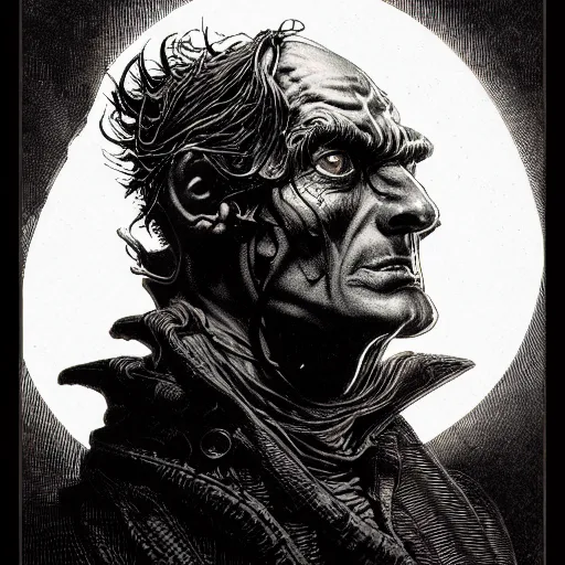 Image similar to portrait dramatic light, by bernie wrightson and simon bisley and joe fenton, inspired victorian sci - fi, etching, fine, sharp high detail, duotone screen print,