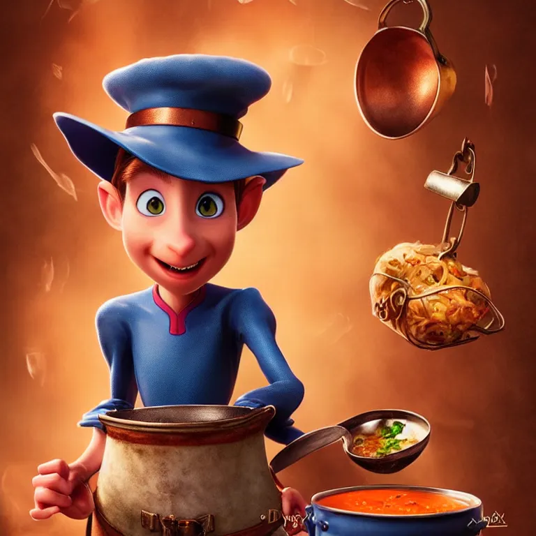 Prompt: beautiful cinematic fantasy poster of Remy from ratatouille throwing ingredients over a copper pot of soup art direction by Darius Zawadzki ;by artgerm; wayne reynolds art station; cinematic quality character render; low angle; ultra high quality model; production quality cinema model;