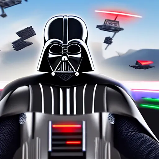 Prompt: still image of darth vader driving in mario kart tour deluxe race, unreal engine