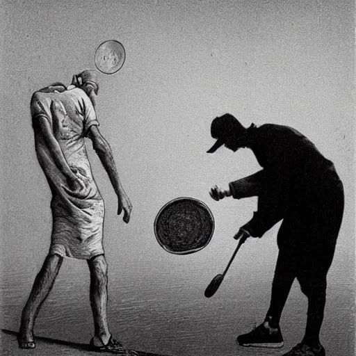 Prompt: a homeless man throwing a hotdog at a discogolf player putting frisbee in innova discgolf pdga basket, baroque painting, beksinski painting