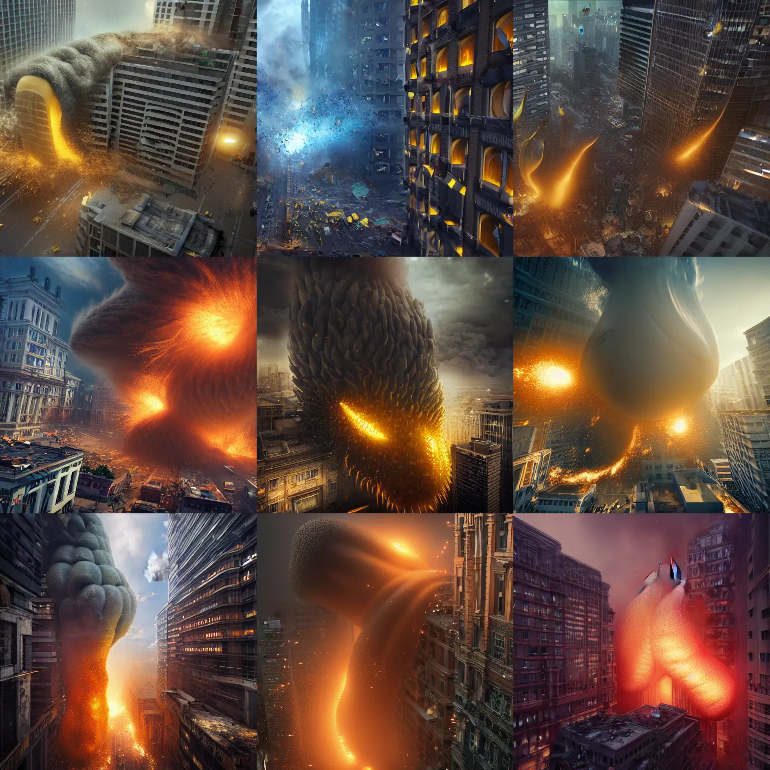 Prompt: news camera footage of giant bananas falling into and exploding buildings, dim volumetric lighting, 8 k octane beautifully detailed render, post - processing, extremely hyper - detailed, intricate, epic composition, giant bananas natural disaster, cinematic lighting, masterpiece, trending on artstation, detailed detailed detailed, masterpiece, stunning