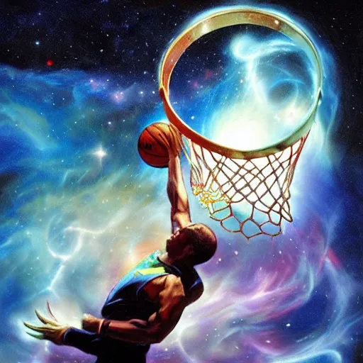 Prompt: cosmic basketball player dunking a basketball hoop in a nebula, an oil painting, by ( leonardo da vinci ) and greg rutkowski and rafal olbinski and ross tran, award - winning magazine cover