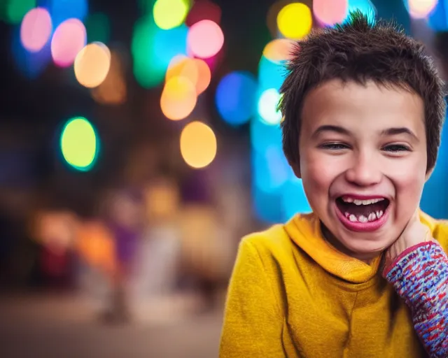 Prompt: 8 5 mm photography of close up of a laughing boy with dof and bokeh and vibrant colourful lights out of focus in the background. highly detailed 8 k. intricate. lifelike. soft diffused light. nikon d 8 5 0.
