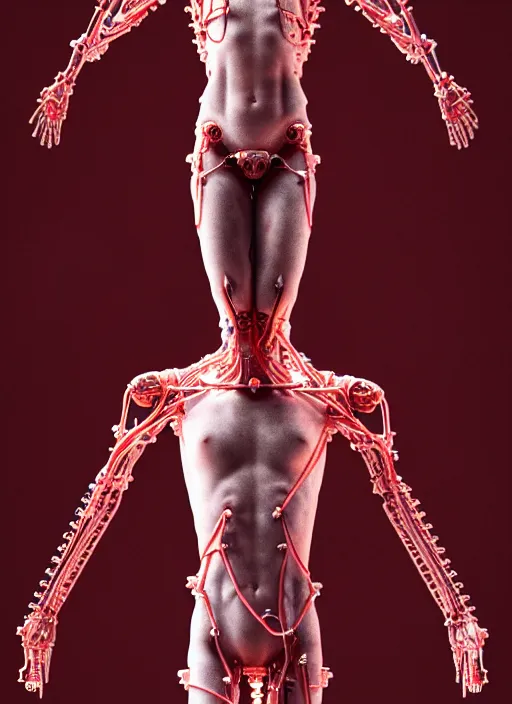 Image similar to a statue jesus on cross made of red marble, perfect symmetrical body, full body shot, inflateble shapes, wires, tubes, veins, white biomechanical, wearing epic bionic cyborg implants, masterpiece, intricate, biopunk, vogue, highly detailed, space station, artstation, concept art, cyberpunk, octane render