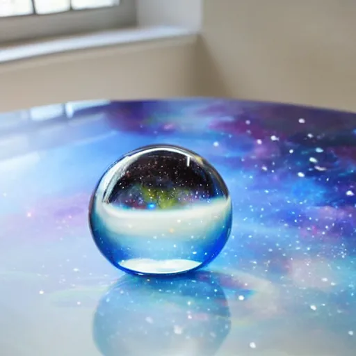 Prompt: glasball on a table with the galaxy inside