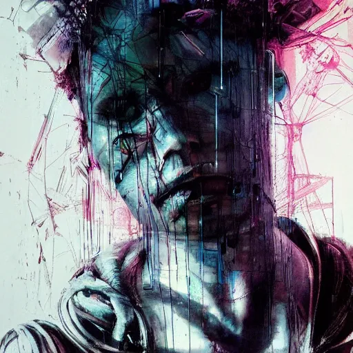 Image similar to a cyberpunk noir detective, skulls, wires cybernetic implants, machine noir grimcore in cyberspace photoreal, atmospheric by jeremy mann francis bacon and agnes cecile, ink drips paint smears digital glitches