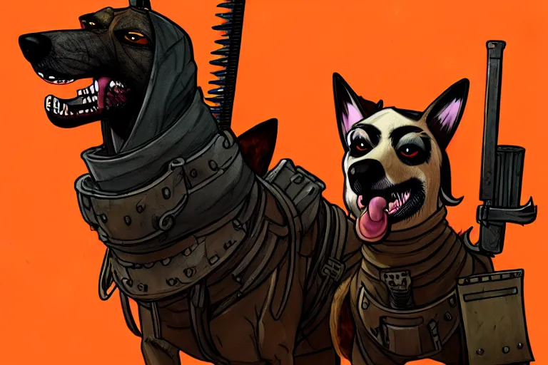 Image similar to a hound dog fursona ( from the furry fandom ), heavily armed and armored facing down armageddon in a dark and gritty version from the makers of mad max : fury road. witness me.