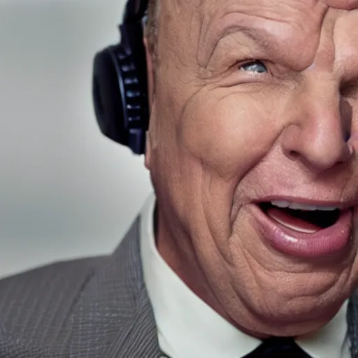 Image similar to obese Frank Sinatra wearing a headset yelling at his monitor while playing WoW highly detailed wide angle lens 10:9 aspect ration award winning photography by David Lynch esoteric erasure head