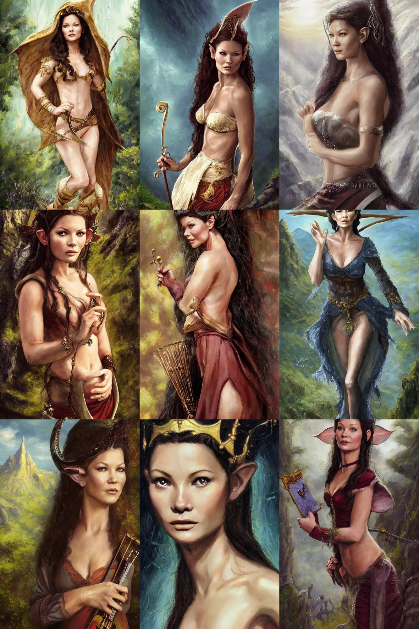 Image similar to a full body high detail fantasy portrait oil painting illustration of young catherine zeta - jones as a beautiful sophisticated singing bard elf by justin sweet with face and body clearly visible, in a scenic background, pupils visible, realistic proportions, d & d, rpg, forgotten realms, artstation trending, high quality, sombre mood, artstation trending, muted colours, entire person visible!