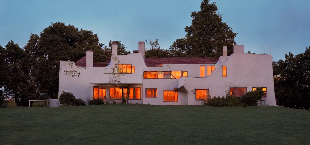 Image similar to house designed by ivan albright at sunset. fujinon premista 1 9 - 4 5 mm t 2. 9. portra 8 0 0.