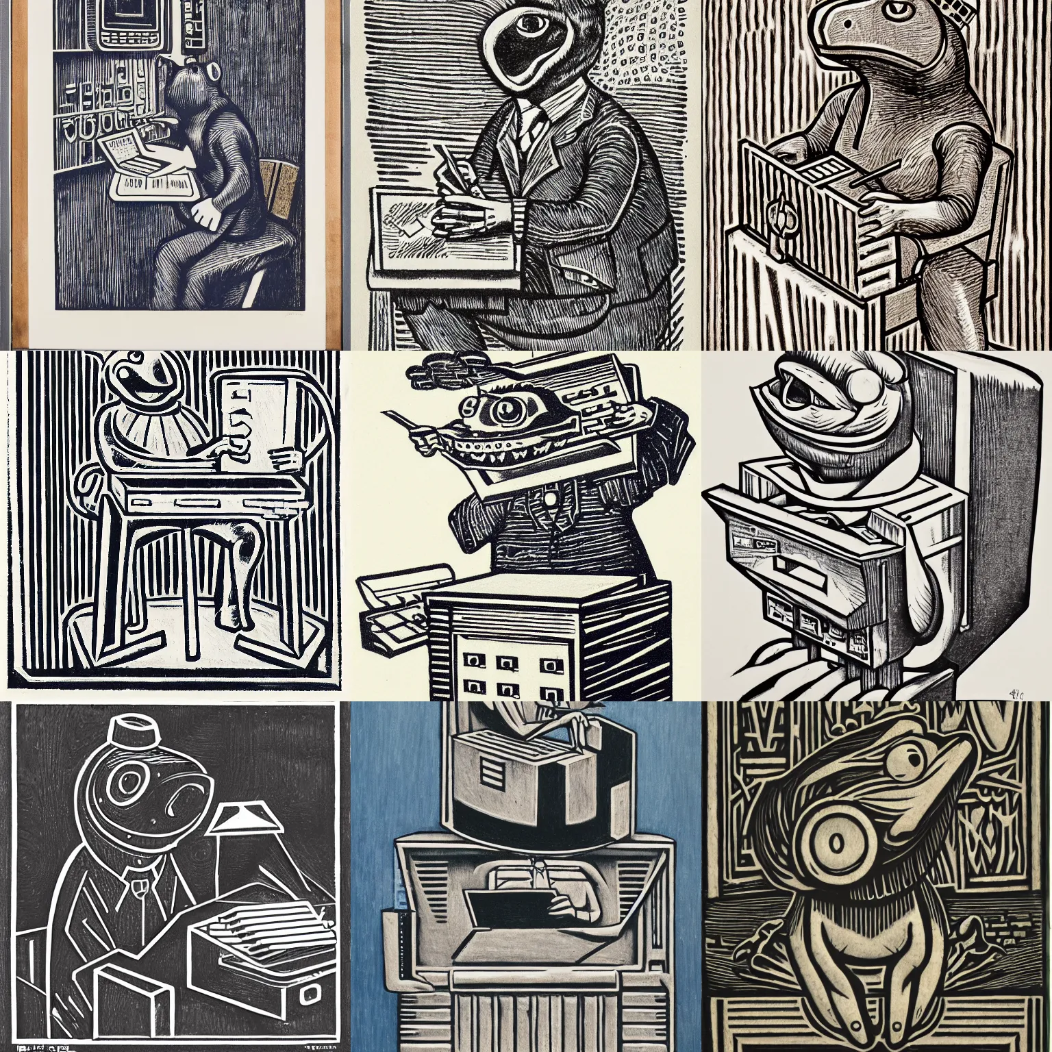 Prompt: portrait of toad - faced toaster - griffin doing taxes ( 1 9 2 2 ), american realist, brutalist, art deco, woodcut, art nouveau, pyrrol scarlet, titanium white, prussian blue, stathmore 2 0 0, 3 5 mm, f 1. 4, grisaille, luminous