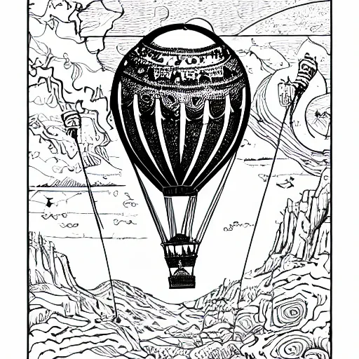 Image similar to a small victorian air balloon over a fantasy landscape, line art illustration by joe fenton , black and white, intricate details