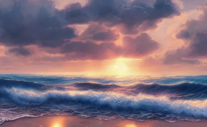 Image similar to Sun coming in the sea after a storm, beautiful landscape, digital painting, realistic, 4k, trending in ArtStation, beautiful and romantic, detailed water