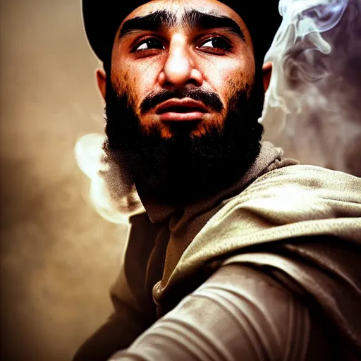 Image similar to Photo of Khalid ibn al-Walid in a battle, war cry, close-up, high detail, studio, ominous background, smoke, by Martin Schoeller