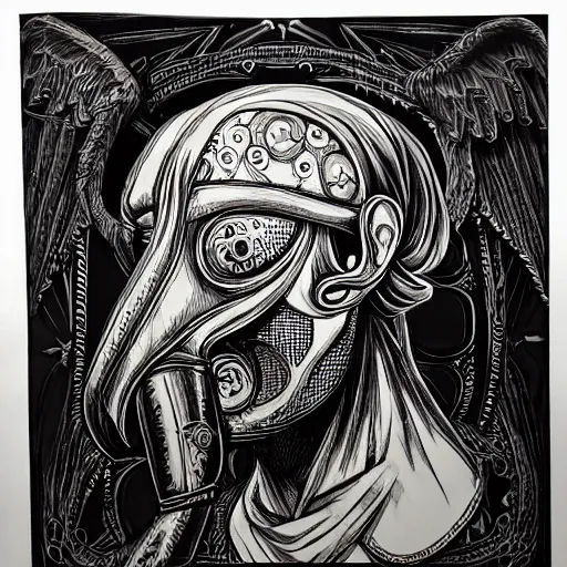 Image similar to 4K headshot portrait of godlike Plague Doctor of Nazareth with defined arms and open hands and bloody clothes with giant mandala wings , intricate face , flawless anime cel animation by Kentaro Miura, psychedelic , highly detailed upper body , professionally post-processed , beautiful, scary, symmetry accurate features, epic, octane rendered, anime masterpiece, accurate by Craig Mullins, ilya kuvshinov, krenz cushart, epic , artgerm trending on artstation by Edward Hopper and Dan Mumford and WLOP and Rutkovsky, beksinski carl spitzweg moebius and tuomas kocar, intricate artwork by caravaggio, Unreal Engine 5, Lumen, Nanite