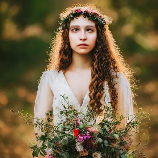 Prompt: a portrait of a young girl with curly long hair and birds on her head, there's flowers everywhere, very beautiful ambient light with sun rays hitting her hair, 8k photography, wedding photography