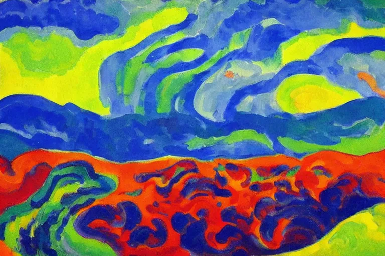 Prompt: Landscape painting. Wild energy patterns rippling in all directions. Curves, zig-zags. Organic. Mountains. Clouds. Vegetation. Rushing water. Waves. LSD. Fauvism. Emil Nolde.