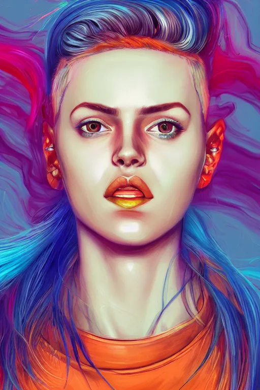 Prompt: a award winning half body portrait of a beautiful caucasian woman in a croptop and cargo pants with ombre orange blue teal hairstyle with head in motion and hair flying by martine johanna, outrun, vaporware, digital art, trending on artstation, highly detailed, fine detail, intricate