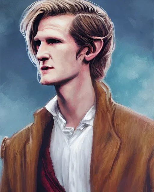 Image similar to detailed painting of matt smith with a long pale blond hair and fantasy noble red clothes, fantasy, game of thrones, targaryen, horror, ethereal, greg rutkowski, magali villeneuve and monet