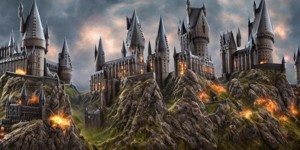 Image similar to hogwarts under attack, hiperrealism, insanely detailed and intricate, fantasy environment cinematic lighting ultra - wide angle lens
