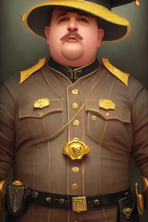 Prompt: a shifty fat high elf mall cop with a sheriff's badge, Oil Painting, hyperrealistic, octane render, Detailed Digital Art, RPG portrait, 3/4 bust, William-Adolphe Bouguereau, Michael Cheval, dynamic lighting, Highly Detailed, Cinematic Lighting, 8k, HD