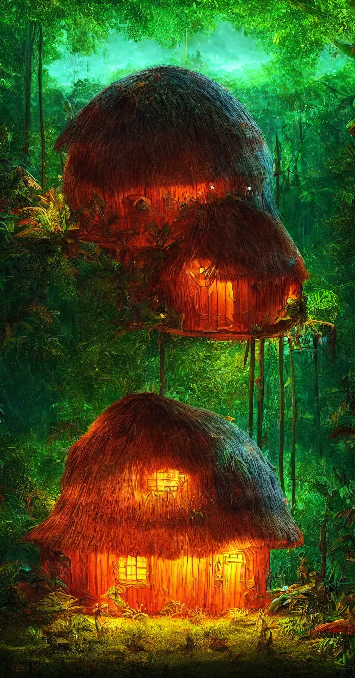 Prompt: highly detailed realistic photo glowing hut in the middle of dark jungle, vibrant colors, award winning masterpiece photography, hyper realistic, concept art, 8 k detail post - processing