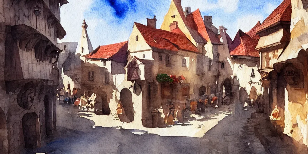 Prompt: medieval town, summer morning light, watercolor painting, trending on artstation