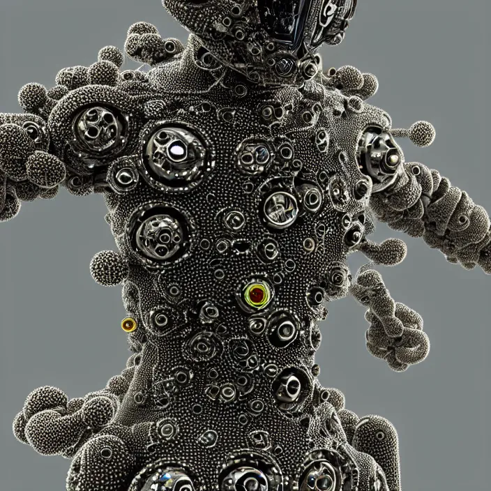 Image similar to a cybernetic symbiosis of a single astronaut mech-organic eva suit made of pearlescent wearing anodized thread knitted shiny ceramic multi colored yarn thread infected with kevlar,ferrofluid drips,carbon fiber,ceramic cracks,gaseous blob materials and diamond 3d fractal lace iridescent bubble 3d skin dotted covered with orb stalks of insectoid compound eye camera lenses orbs floats through the living room, film still from the movie directed by Denis Villeneuve with art direction by Salvador Dalí, wide lens,