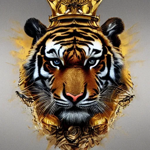 Image similar to a very high detailed tiger crossed with a muscular human body, wearing a very detailed golden kings crown, tattoo on shoulder, in a highly detailed jungle, full body, majestic, symmetric, Golden crown, crown on head, digital art, concept art, greg rutkowski, Nikolai Karelin, Hou China, trending artstation