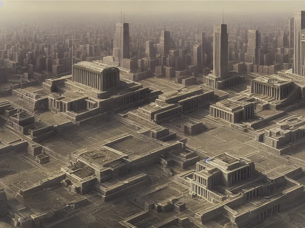 Prompt: matte painting by fan wennan. future capitol of the american communist party shining in the sun after the triumph of socialism in america, hyperdetailed, cinematic, photorealistic, hyperrealism, masterpiece, humble rectangular communist governmental architecture, statue, imposing, strength, abundance. aerial view. america 2 0 9 8