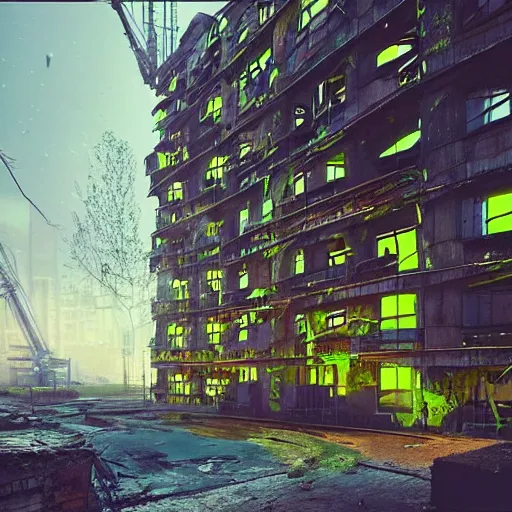 Prompt: “derelict architecture buildings, building designed by Richard Rogers, architecture digest, building surrounded in a nature environment, modern tones, fluorescent lighting,volumetric Lighting, cyber punk, photorealism, high detail, golden ratio, cinematic, octane renderer”