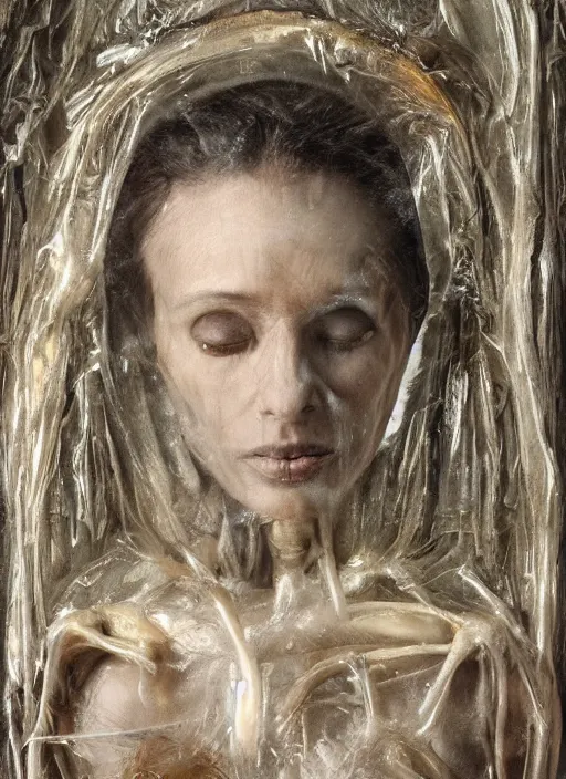Prompt: la pieta ultrarealistic ultradetailed medium shot painting of slimy catholic veiled transparent maiden with transparent skin, skeleton still life, nerves, internal organs, greg rutkowski, peter gric, immerse, 1 9 th, special effects makeup, maximalist, glittering, gold, ivory, hyperreal, alphonse mucha, bride of frankenstein, supermodel, surprised