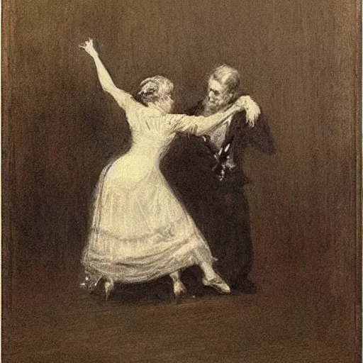 Image similar to old lady dancing with the ghost of a young man alone in a ballroom by alfred stevens in charcoal