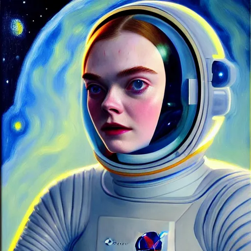 Prompt: portrait of a elle fanning wearing a spacesuit in the dark depths of space, detailed realism face in painting, detailed beautiful portrait, oil painting masterpiece, 8 k resolution, smooth, sharp focus, trending on artstation, by edward hopper