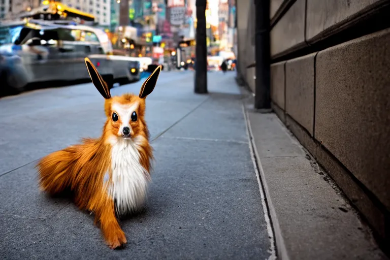 Image similar to closeup potrait of Eevee on a new york sidewalk, natural light, sharp, detailed face, magazine, press, photo, Steve McCurry, David Lazar, Canon, Nikon, focus