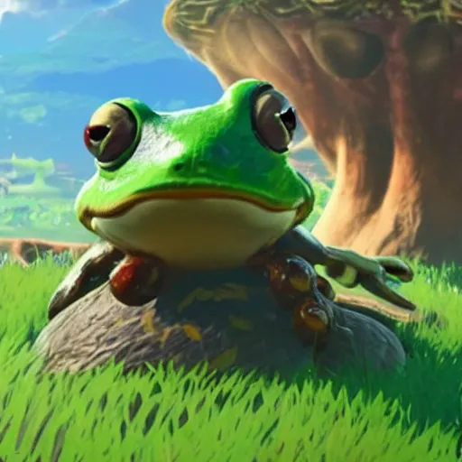 Prompt: a warrior frog atop a mushroom in breath of the wild