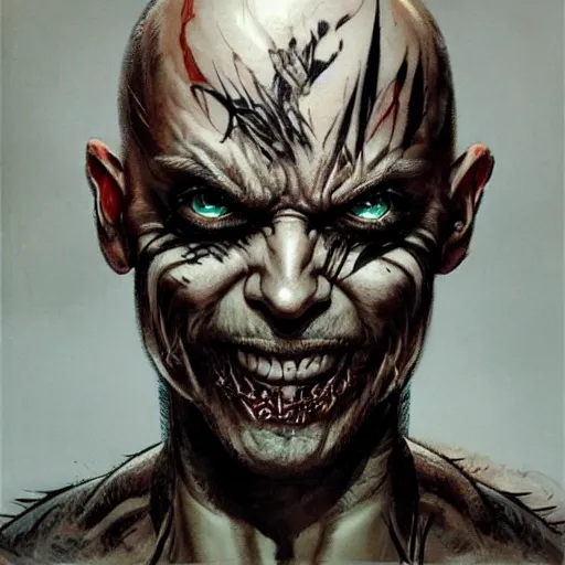 Prompt: bald man with two spikes through his eyes, intricate tattoos around the eyes, wide evil grin, character close up, art by karol bak, yohi shinkawa, yoshikata amano, ultrafine detail, artstation, high quality