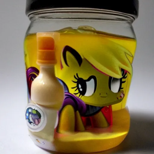 Image similar to a my little pony figure in a jar covered in a mysterious sticky yellowish fluid