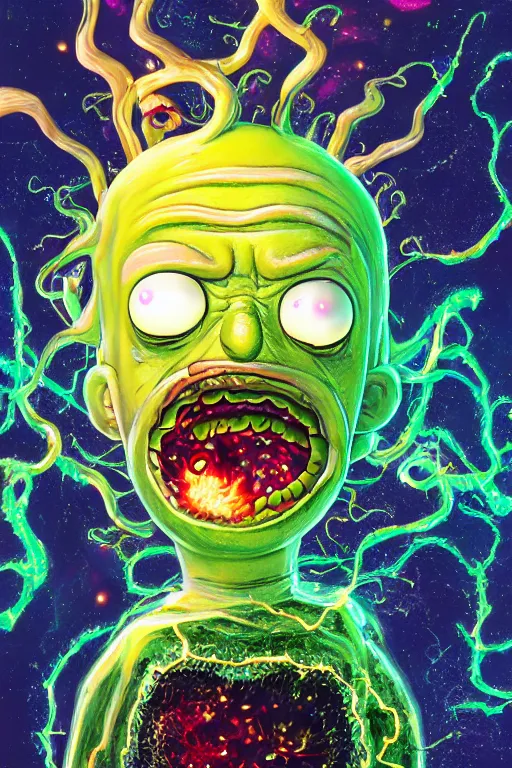 Prompt: rick and morty exploding head fused with a lovecraft fat space zombie wearing a exploding wig and a pirate patch, laser eye, photo, portrait, 3d, high details, intricate details, by vincent di fate, artgerm julie bell beeple, 90s, Smooth gradients, octane render, 8k, volumetric lightning, High contrast, duo tone, depth of field, very coherent symmetrical artwork