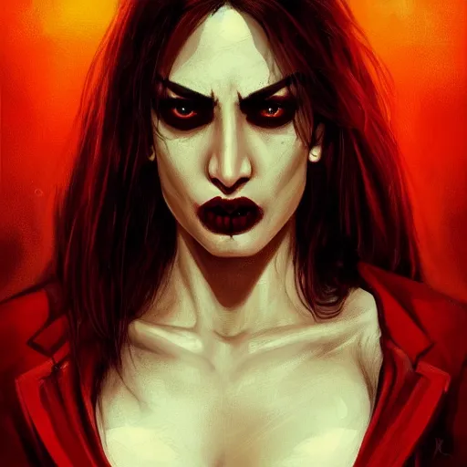 Image similar to portrait of priyanka karki upper body in bloody business suit, blood red eyes, vampire fangs, fantasy, intricate, elegant, highly detailed, digital painting, artstation, concept art, matte, sharp focus, illustration, art by aenaluck and roberto ferri and greg rutkowski, epic fantasy, digital painting