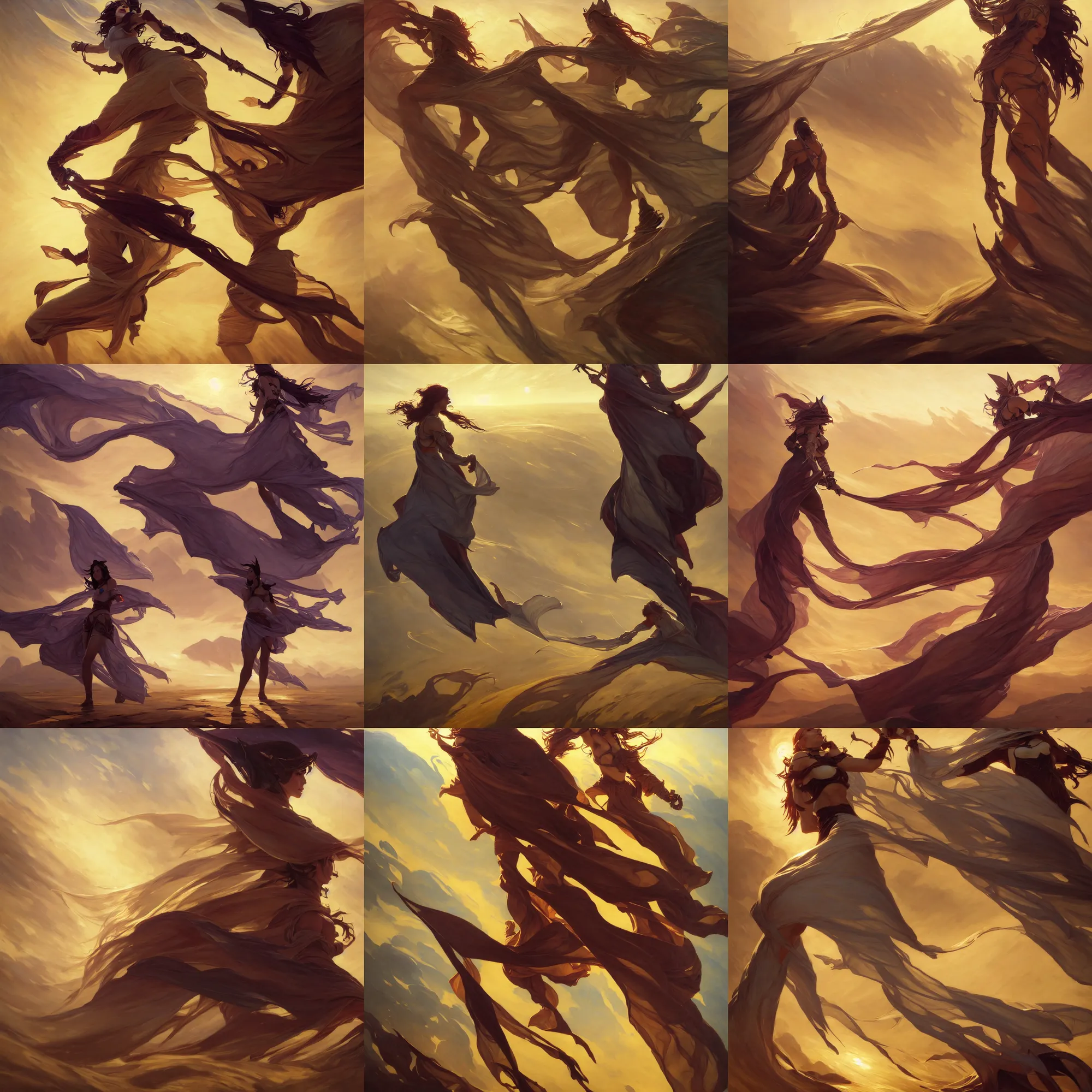 Prompt: league of legends and warframe art, big long cloth on the wind, close up portrait, elegant, intricate, digital painting, artstation, concept art, golden hour, epic composition, smooth, sharp focus, illustration, art by ed mell and Daniel F. Gerhartz and Jacek Malczewski and gustav klimt, Tibor Nagy