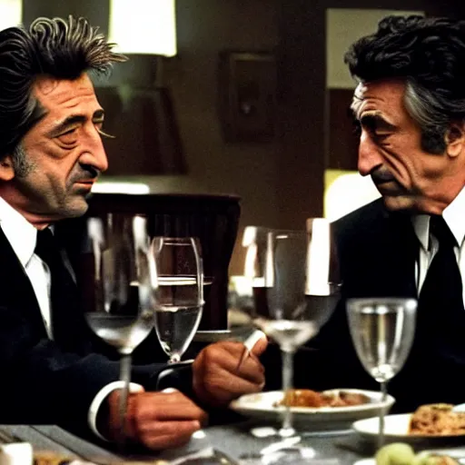 Image similar to movie still of the dinner scene in Heat, rendering of al pacino and robert de niro as old men, cinematic,