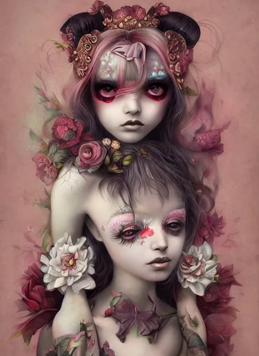 Image similar to pop surrealism, lowbrow art, realistic cute girl painting, japanese street fashion, hyper realism, muted colours, rococo, natalie shau, loreta lux, tom bagshaw, mark ryden, trevor brown style,